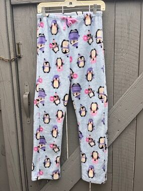 Cozy Penguin Fleece Pajama Lounge Pants Light Blue Purple Accents Size Medium
